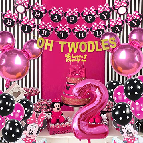 Minnie 2nd cumpleaños fiesta suministros con Oh Twodles rosa feliz cumpleaños Banner Cupcake Toppers