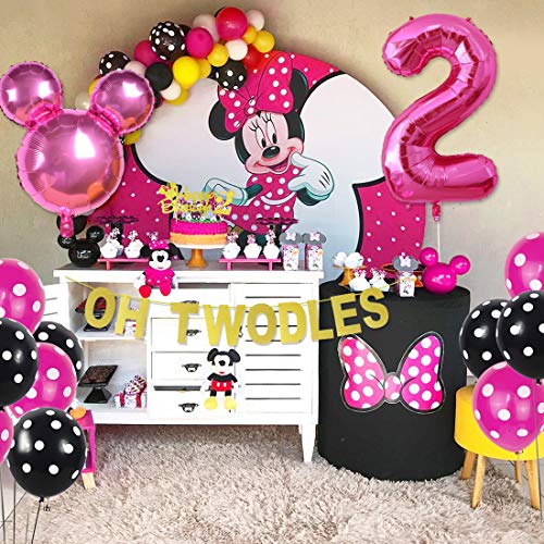 Minnie 2nd cumpleaños fiesta suministros con Oh Twodles rosa feliz cumpleaños Banner Cupcake Toppers