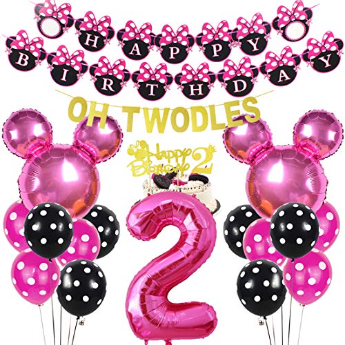 Minnie 2nd cumpleaños fiesta suministros con Oh Twodles rosa feliz cumpleaños Banner Cupcake Toppers