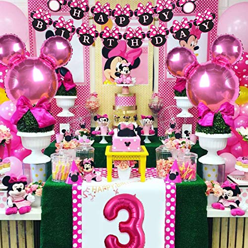 Minnie Themed Party Decorations Supplies 3rd Birthday Minnie Balloons Cake Topper for Girls 3 Birthday