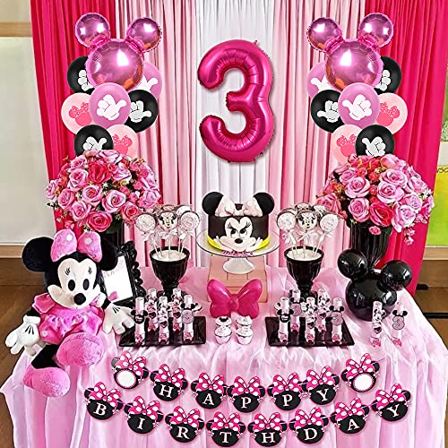 Minnie Themed Party Decorations Supplies 3rd Birthday Minnie Balloons Cake Topper for Girls 3 Birthday