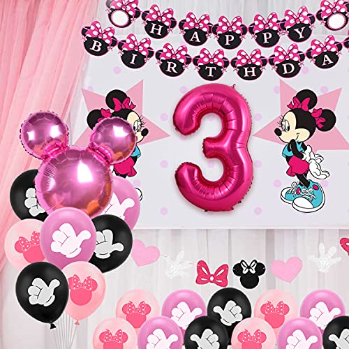 Minnie Themed Party Decorations Supplies 3rd Birthday Minnie Balloons Cake Topper for Girls 3 Birthday