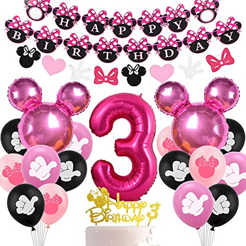 Minnie Themed Party Decorations Supplies 3rd Birthday Minnie Balloons Cake Topper for Girls 3 Birthday