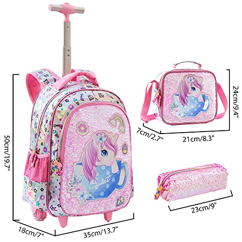 Mochila con Ruedas para niñas 3PCS con Fiambrera Caja de lápices para niñas Unicornio con Lentejuelas