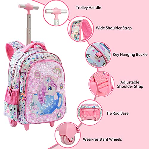 Mochila con Ruedas para niñas 3PCS con Fiambrera Caja de lápices para niñas Unicornio con Lentejuelas