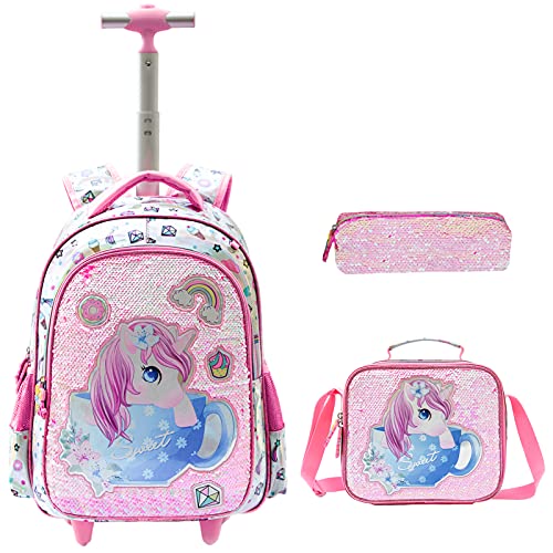 Mochila con Ruedas para niñas 3PCS con Fiambrera Caja de lápices para niñas Unicornio con Lentejuelas