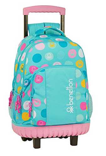 Mochila Safta Escolar Grande con Ruedas de Benetton, 320x140x460mm, Topos Turquesa