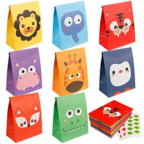 Mocoosy - 24 bolsas de regalo para fiestas de animales, bolsas de golosinas para niños de la selva, animales, zoológico, cumpleaños, baby shower, suministros para fiestas, color arcoíris, 8 estilos