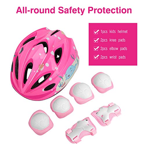 MoKo Set de Skate Equipo de Protección para Niños, Protectores de Muñeca de Almohadillas de Rodilla con Casco Ajustable para Niños para Ruedas Ciclismo y Patinaje para Niños - Rosa