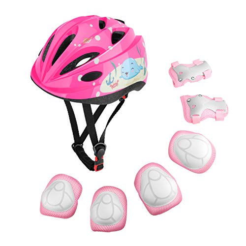 MoKo Set de Skate Equipo de Protección para Niños, Protectores de Muñeca de Almohadillas de Rodilla con Casco Ajustable para Niños para Ruedas Ciclismo y Patinaje para Niños - Rosa