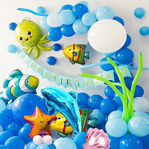 MONKEY BUSINESS | Decoracion de Fiesta Tematica Oceano 74 pcs | Animales Acuaticos | Delfin Estrella de Mar Pulpo Pez Payaso Concha| Fiesta Infantil|Globos Azul Blanco | Debajo del Mar