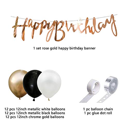 MONKEY BUSINESS | Set Metalico Cumpleaños 36 pcs |Globos Blanco Negro y Dorado | Guirnalda Happy Birthday Rose gold | Decoracion de Fiesta