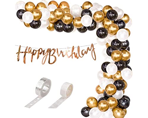 MONKEY BUSINESS | Set Metalico Cumpleaños 36 pcs |Globos Blanco Negro y Dorado | Guirnalda Happy Birthday Rose gold | Decoracion de Fiesta