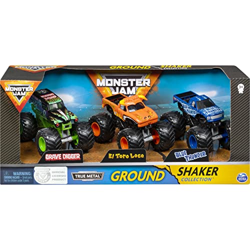 Monster Jam, Pack de 3 Coches de Juguete Ground Shaker (Grave Digger), El Toro Loco y Blue Thunder a Escala 1:64 (Moldeado por inyección)