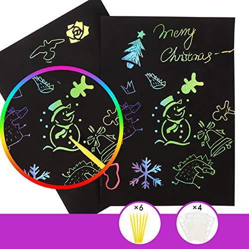 Mtele Scratch Art Paper para Niños 150 Hojas manualidades niños 6 años, Manualidades Rascar Set para Arte y Pinturas Infantiles Hechas a Mano, Incluye 6 lápices de Madera, 4 Plantillas de Dibujo