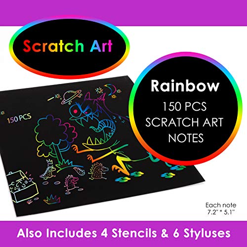 Mtele Scratch Art Paper para Niños 150 Hojas manualidades niños 6 años, Manualidades Rascar Set para Arte y Pinturas Infantiles Hechas a Mano, Incluye 6 lápices de Madera, 4 Plantillas de Dibujo