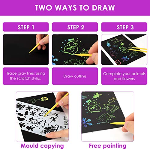 Mtele Scratch Art Paper para Niños 150 Hojas manualidades niños 6 años, Manualidades Rascar Set para Arte y Pinturas Infantiles Hechas a Mano, Incluye 6 lápices de Madera, 4 Plantillas de Dibujo