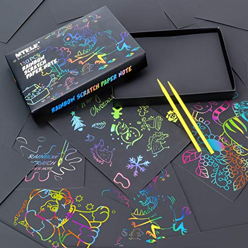 Mtele Scratch Art Paper para Niños 150 Hojas manualidades niños 6 años, Manualidades Rascar Set para Arte y Pinturas Infantiles Hechas a Mano, Incluye 6 lápices de Madera, 4 Plantillas de Dibujo