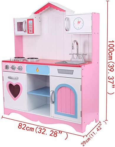 MuGuang - Cocina de juguete con accesorios, cocina de juguete, cocina de juguete, cocina de madera, cocina para niños de 3 a 9 años, juguete Role Play (rosa)