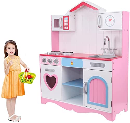 MuGuang - Cocina de juguete con accesorios, cocina de juguete, cocina de juguete, cocina de madera, cocina para niños de 3 a 9 años, juguete Role Play (rosa)