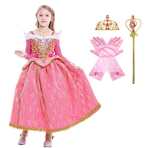 MYRISAM Vestidos de Princesa Aurora para Niñas Disfraz de Carnaval Bella Durmiente Traje de Halloween Navidad Cumpleaños Fiesta Ceremonia Aniversario Cosplay Vestir con Accesorios 7-8 años