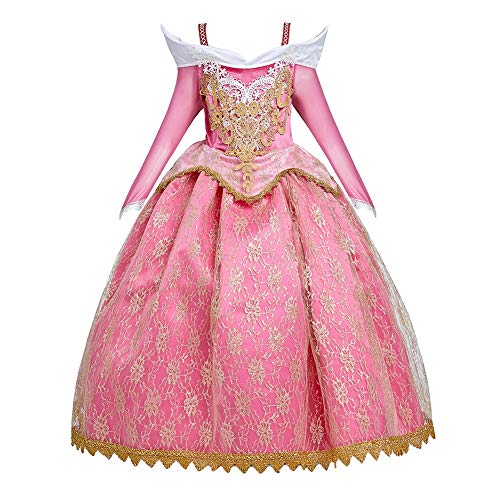 MYRISAM Vestidos de Princesa Aurora para Niñas Disfraz de Carnaval Bella Durmiente Traje de Halloween Navidad Cumpleaños Fiesta Ceremonia Aniversario Cosplay Vestir con Accesorios 7-8 años