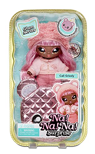 Na! Na! Na! Surprise moda 2 en 1 Metálico Serie Glam-Coleccionable-Muñeca con pelo bolso rosa en forma de osito-Cali Grizzly, color 575351C3