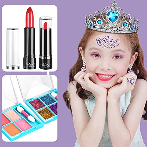 Nabance Maquillaje Niñas Set, 33 Piezas Lavables Set de Maquillaje para Niñas con Caja de Maquillaje, Corona, Anillos, Collar, Esmalte de Uñas, Lápiz Labial para Niñas Princesa Regalo de Cumpleaños