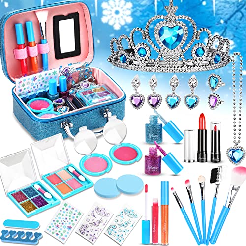 Nabance Maquillaje Niñas Set, 33 Piezas Lavables Set de Maquillaje para Niñas con Caja de Maquillaje, Corona, Anillos, Collar, Esmalte de Uñas, Lápiz Labial para Niñas Princesa Regalo de Cumpleaños