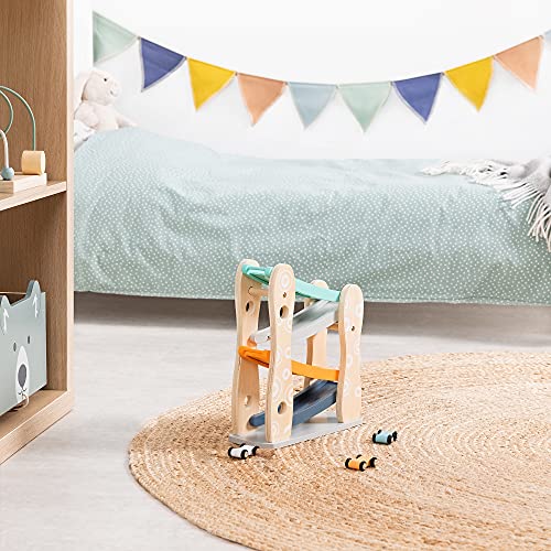 Navaris Rampa de Coches de Juguete - Circuito de 3X Coche de Madera para niños bebés +18 Meses - Pista de Carreras con rampas - 25.5 x 9.2 x 28.8 CM