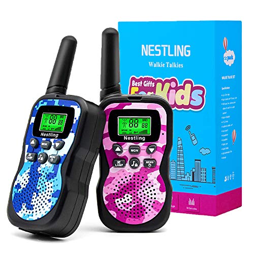 Nestling Walkie Talkie para niños, Camuflaje al Aire Libre, 8 Canales, Radio de 2 vías, Juguetes, Linterna LCD retroiluminada, Rango de 3 Millas para Actividades Infantiles (2pcs Rosa&Azul)