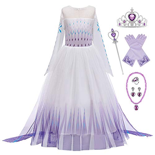 New Front Disfraz de princesa Elsa para niña vestido de princesa de 2 mangas largas, disfraz y accesorios de Navidad Halloween cumpleaños vestido de cosplay corona Morado 6 unidades, 130 cm