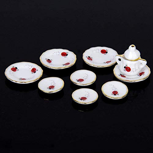 NiceJoy Muñecas Casa Accesorios, Muñecas Muebles De Casa 15pcs 1 Pcs 1/12 Muñeca Casa Miniatura Miniatura Garza Puerta Placa De Té De Porcelana Placa De Taza Ladybug Print