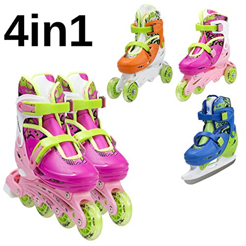 NILS Patines en línea Infantil Mujer Patines en línea 4 in1 | – Patines de Hockey Sobre Hielo | triskates tamaño Ajustable | Patines en Tallas 31 – 38 | Rosa Azul Naranja | nh18330, Rosa, Small