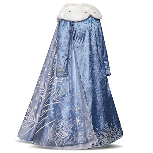 Niñas Cosplay Vestido de Princesa con Capa Manga Larga Vestido Largo Disfraz Azul Dulce Disfraz Ceremonia de Fiesta Halloween Navidad 3-10 Años (6-7 años, 122cm)