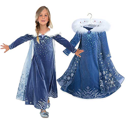 Niñas Cosplay Vestido de Princesa con Capa Manga Larga Vestido Largo Disfraz Azul Dulce Disfraz Ceremonia de Fiesta Halloween Navidad 3-10 Años (6-7 años, 122cm)