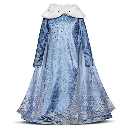 Niñas Cosplay Vestido de Princesa con Capa Manga Larga Vestido Largo Disfraz Azul Dulce Disfraz Ceremonia de Fiesta Halloween Navidad 3-10 Años (6-7 años, 122cm)