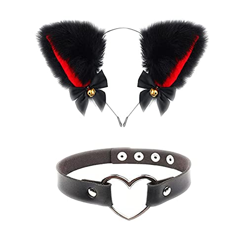 NN Diadema con orejas de gato, diadema para el pelo, accesorio para el pelo, con orejas de zorro, Cosplay, con collar de corazón, disfraz de anime Lolita para Halloween