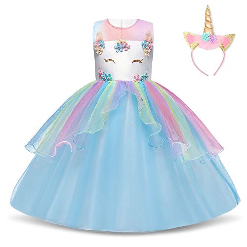 NNJXD Vestido de Unicornio para niñas Fiesta de Apliques de Flores Cosplay Disfraz de Halloween + Gorros Tamaño (120) 4-5 años 439 Azul-A