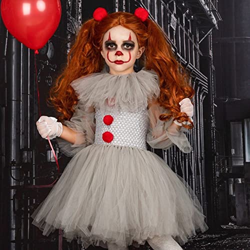 OBEEII Chicas Payaso Malvado Disfras a la Moda Niños Lindo Payaso a Mano Disfraz Tutu + Diadema para Halloween Carnaval Cumpleaños Falda Niñas Cosplay Conjunto de Disfraces Falda Gris 10-12 Años