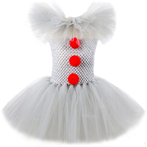 OBEEII Chicas Payaso Malvado Disfras a la Moda Niños Lindo Payaso a Mano Disfraz Tutu + Diadema para Halloween Carnaval Cumpleaños Falda Niñas Cosplay Conjunto de Disfraces Falda Gris 10-12 Años