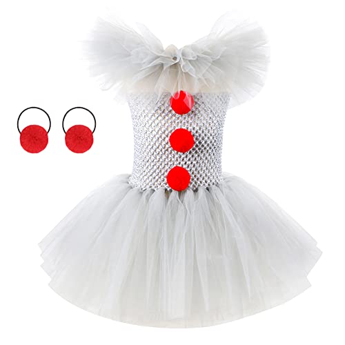 OBEEII Chicas Payaso Malvado Disfras a la Moda Niños Lindo Payaso a Mano Disfraz Tutu + Diadema para Halloween Carnaval Cumpleaños Falda Niñas Cosplay Conjunto de Disfraces Falda Gris 10-12 Años