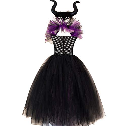 OBEEII Disfraz de Ecuernos Malefica Niñas Deluxe Maleficent Christening Gown Fancy Dress Costume para Halloween Cosplay Carnaval Disfraces