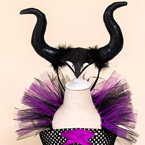 OBEEII Disfraz de Ecuernos Malefica Niñas Deluxe Maleficent Christening Gown Fancy Dress Costume para Halloween Cosplay Carnaval Disfraces