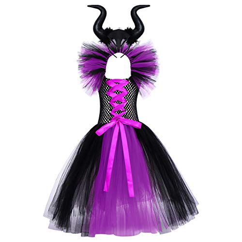 OBEEII Disfraz de Ecuernos Malefica Niñas Deluxe Maleficent Christening Gown Fancy Dress Costume para Halloween Cosplay Carnaval Disfraces