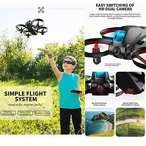 OBEST Mini Drone para Niños con Cámara 720P, Colores LED parpadeando, Dual Cámara Posicionamiento de Flujo óptico, RC Helicopter Control Remoto, Modo sin Cabeza, 2 Baterías, Juguetes Regalos, Negro