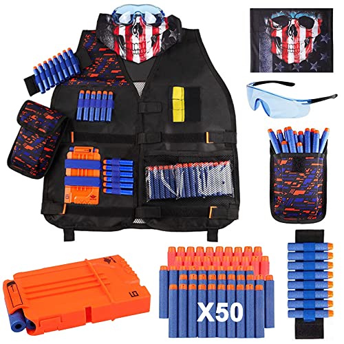 OFUN Táctico para Niños 56pcs, Chaleco Táctico para Pistolas Nerf N-Strike Elite + 50 Dardos + 1 Pañuelos Bandanas + 1 Protección Gafas + 1 Clips de liberación rápida + 1 Pulsera + 1 Bolsa de Dardos