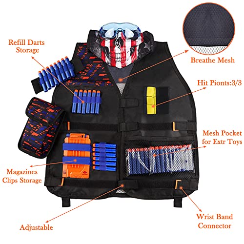 OFUN Táctico para Niños 56pcs, Chaleco Táctico para Pistolas Nerf N-Strike Elite + 50 Dardos + 1 Pañuelos Bandanas + 1 Protección Gafas + 1 Clips de liberación rápida + 1 Pulsera + 1 Bolsa de Dardos