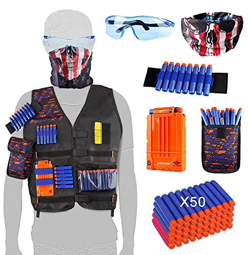 OFUN Táctico para Niños 56pcs, Chaleco Táctico para Pistolas Nerf N-Strike Elite + 50 Dardos + 1 Pañuelos Bandanas + 1 Protección Gafas + 1 Clips de liberación rápida + 1 Pulsera + 1 Bolsa de Dardos