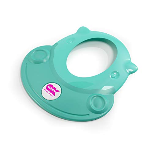 OKBABY Visera de Baño Hippo-Material Libre de BPA-Protege los Ojos y los Oídos del Agua, Se Adapta a la Forma de la Cabeza de 45 a 50 cm, Gorro de Protección Suave para la Ducha y el Baño, Turquesa